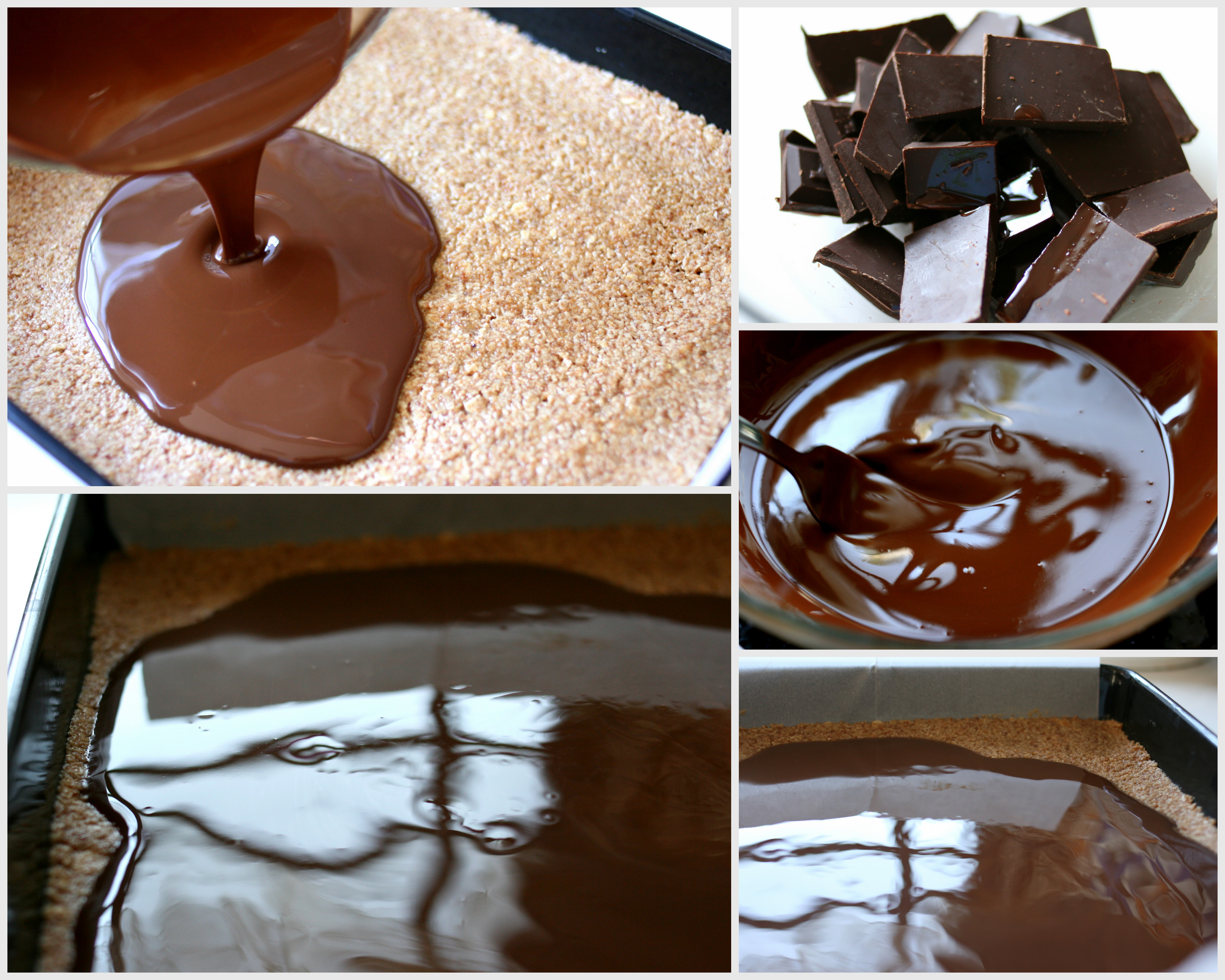 מוזגים שוקולד מומס ומטים את התבנית עד שהוא מכסה הכל.